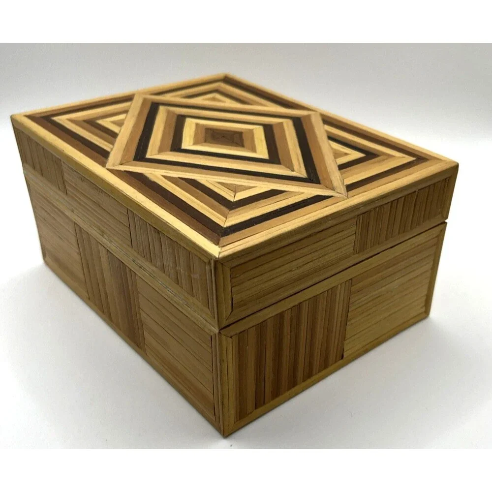 Handmade Bamboo Wood Inlaid Trinket Jewelry Box Geometric Marquetry Boho 6